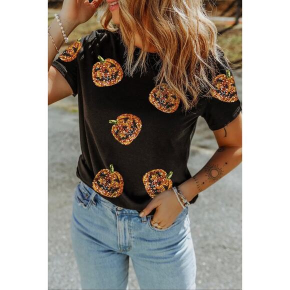 Sequin Pumpkin Face Halloween T Shirt - Picture 4 of 5